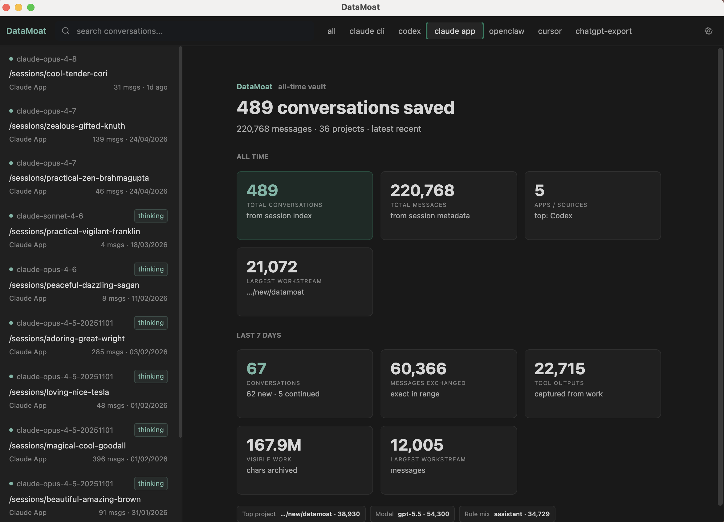 DataMoat Claude App memory dashboard showing saved conversations, messages, projects, and recent activity